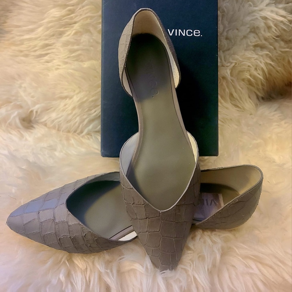 Vince. d’Orsay grey croc emboss leather flats size 7